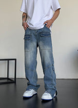 fashion straight denim jean pants unisex casual bottom button open pants high street cargo trousers hip hop zipper joggers men unique joggers style 3238