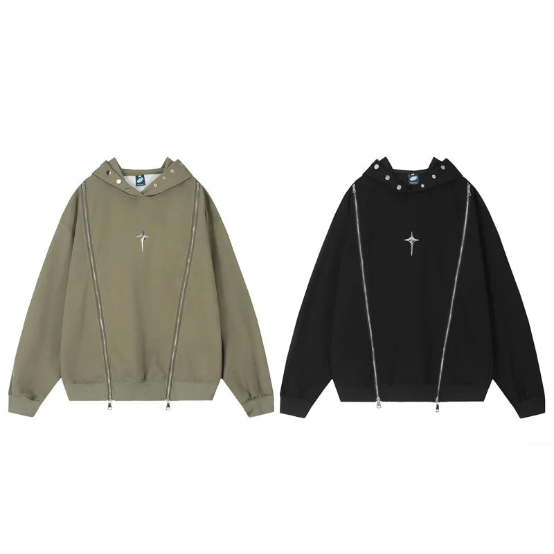 Hip Hop Punk Hoodie Sweatshirt 2023 Autumn Zipper Design Solid Color H