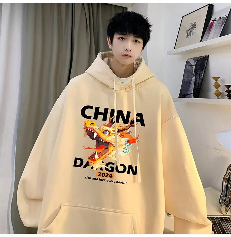 2024 New China Dragon Graphic Hoodies Men Hip Hop Streetwear Hoodie