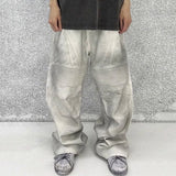 hi street dirty tie dye baggy jeans men pleated loose white straight jeans trousers luxury designer oversized denim pants stacked flare jeans