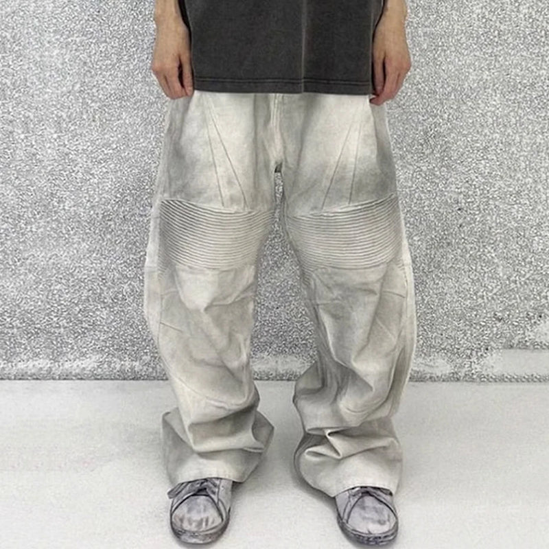 hi street dirty tie dye baggy jeans men pleated loose white straight jeans trousers luxury designer oversized denim pants stacked flare jeans