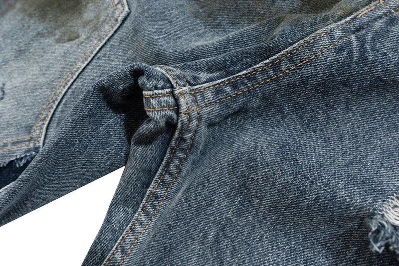 Streetwear Handmade Mud Dyed Dirty Blue Baggy Jeans for Men Distressed Hole Casual Patchwork Denim Trousers Oversized