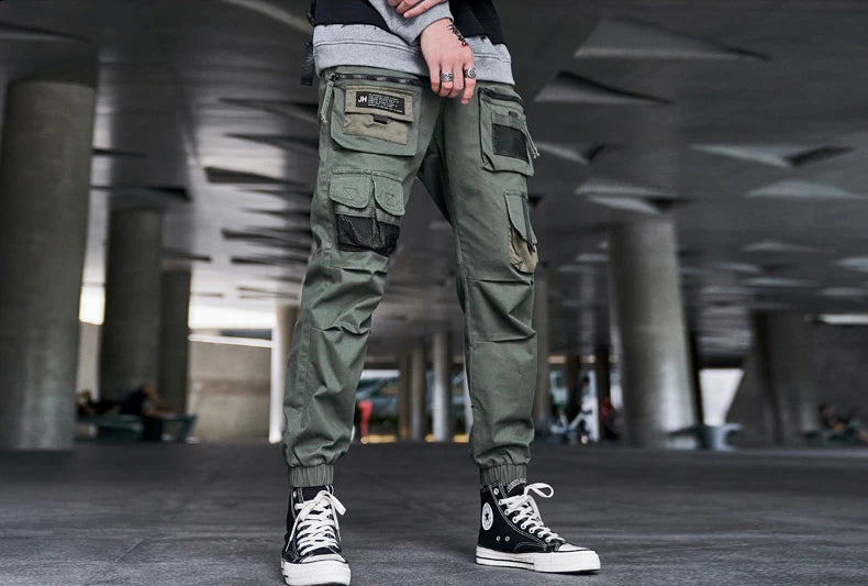 mens cargo pants elastic waist trousers streetwear hip hop loose fit ankle drawstring military pockets sweatpants joggers black unique joggers style 4100