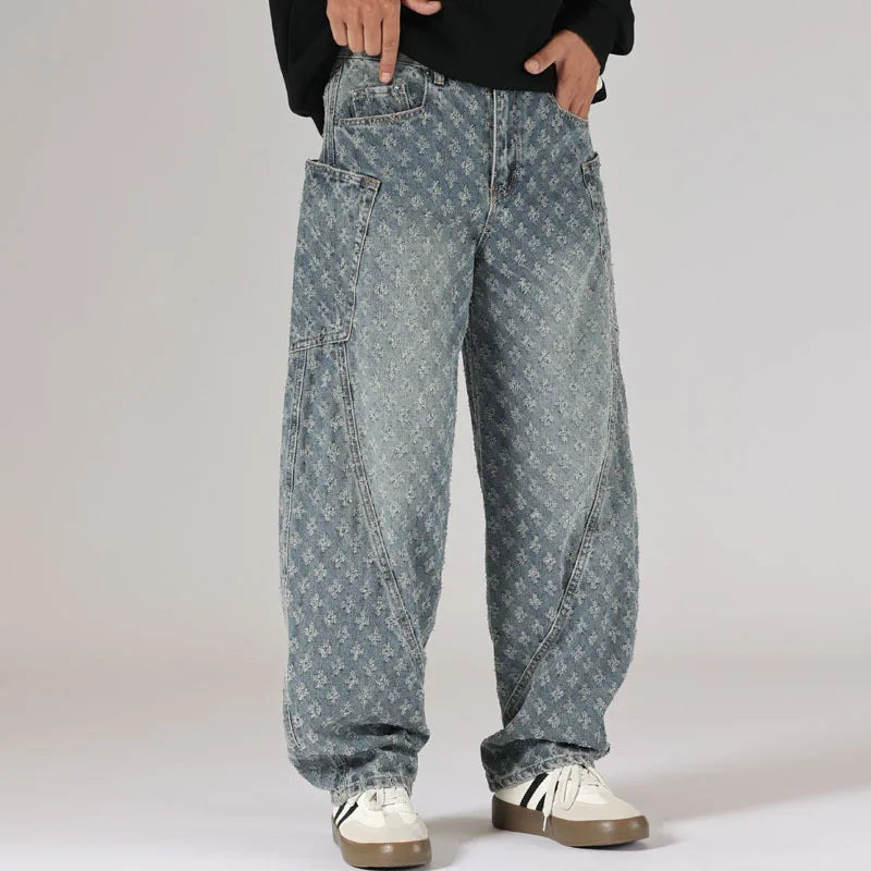 men brand fashion loose casual splice pocket jacquard vintage wide leg baggy jeans cityboy denim baggy jeans pants trousers ripped baggy denim