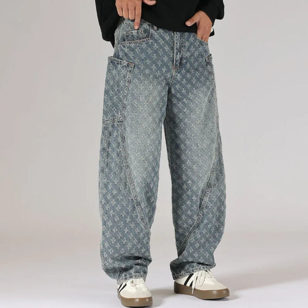 men brand fashion loose casual splice pocket jacquard vintage wide leg baggy jeans cityboy denim baggy jeans pants trousers ripped baggy denim