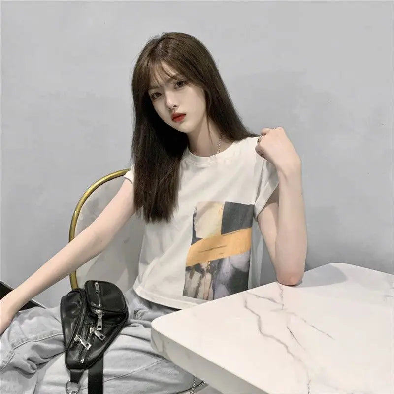Skatercore Vintage print – New Summer New Pure Cotton Discreet Navel Baring Short Sleev
