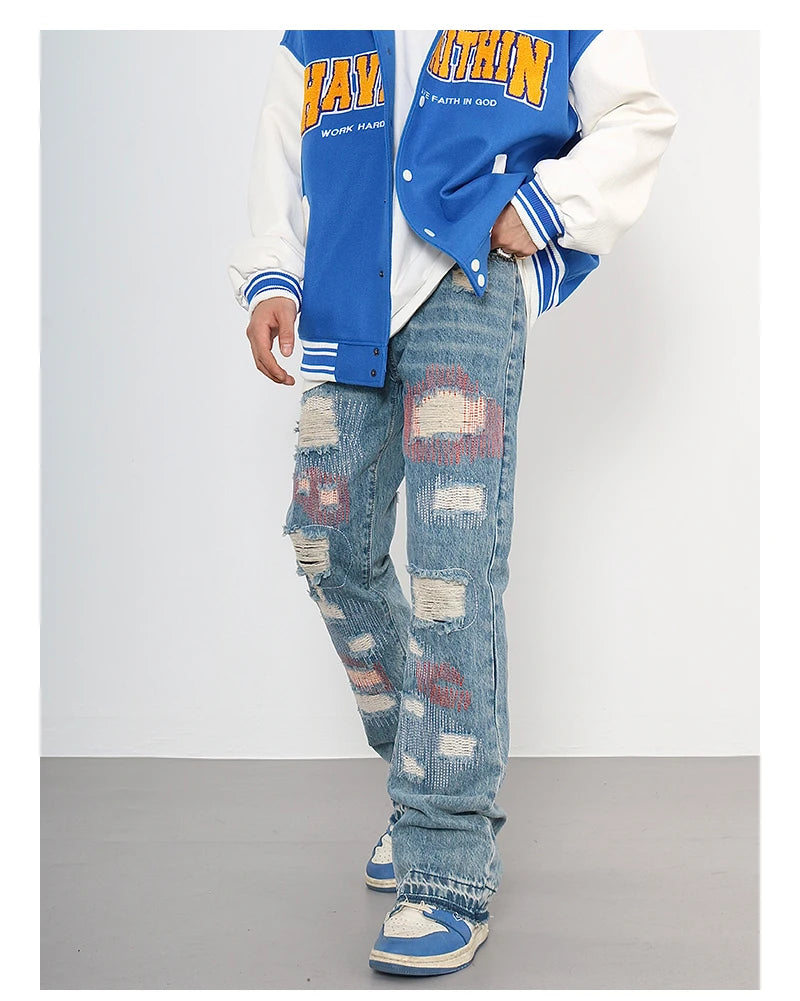 destroyed ripped jeans straight jean pants men biker jeans fashion zipper streetwear trousers hip hop pants joggers baggy jeans unique joggers style 3172
