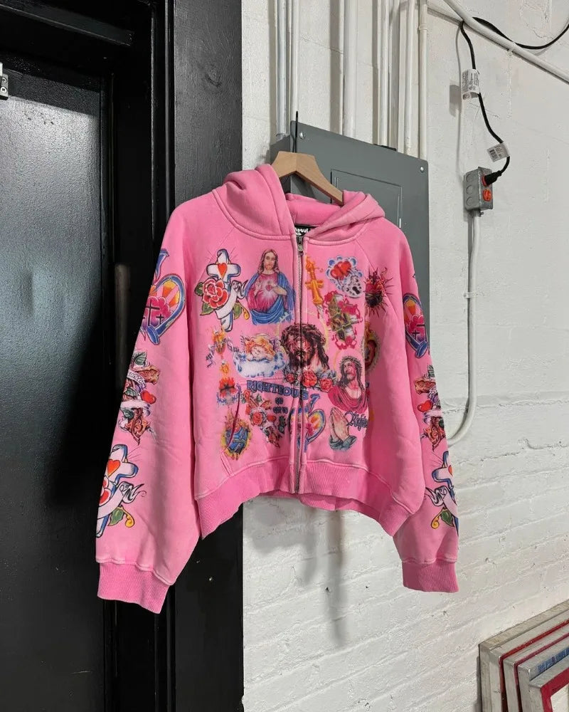 American Street Goth Harajuku Cartoon Print Oversized Sweatshirt Men Y