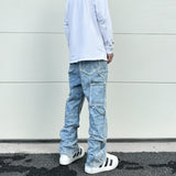 men distressed ripped patchwork paisley denim jean trouser fashion zipper biker jeans streetwear flare pants loose joggers jeans unique joggers style 5033