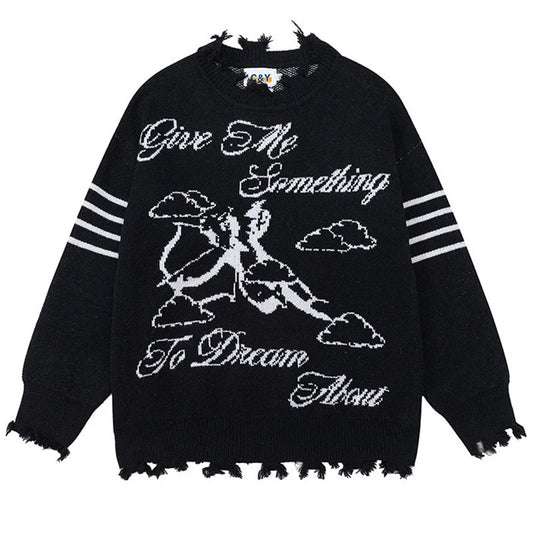grunge knit sweater with heavyweight fabric, layered urban look for cold weather, street fashion menswear trend for seasonal 