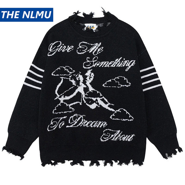 grunge knit sweater with heavyweight fabric, layered urban look for cold weather, street fashion menswear trend for seasonal 