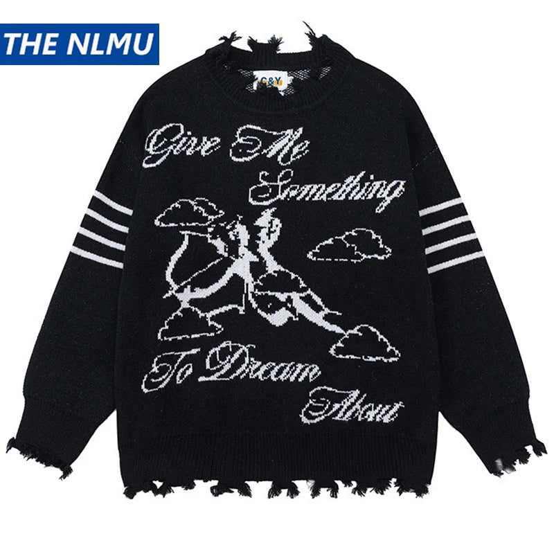 grunge knit sweater with heavyweight fabric, layered urban look for cold weather, street fashion menswear trend for seasonal 