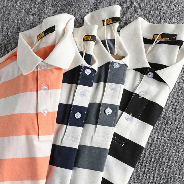 Trapwear Graphic tee – Summer Striped Polo T Shirt Mens New Retro Trend Washed Elas