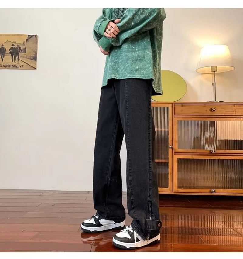 2023 korean fashion ankle zipper vintage brown men jeans pants luxury straight hip hop casual denim trousers pantalones hombre unique jeans style 251