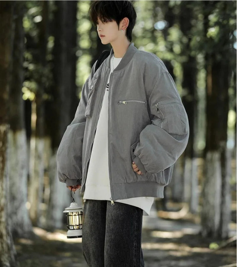 High Street Pilot Cotton Jackets Mens Thickening Winter Tooling Trendy Profile Warm Bomber Coats Unisex Baseball Collar Parkas