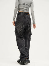 punk belt denim jeans pants women harajuku streetwear side pocket cotton men unisex casual baggy joggers straight pants trousers casual joggers