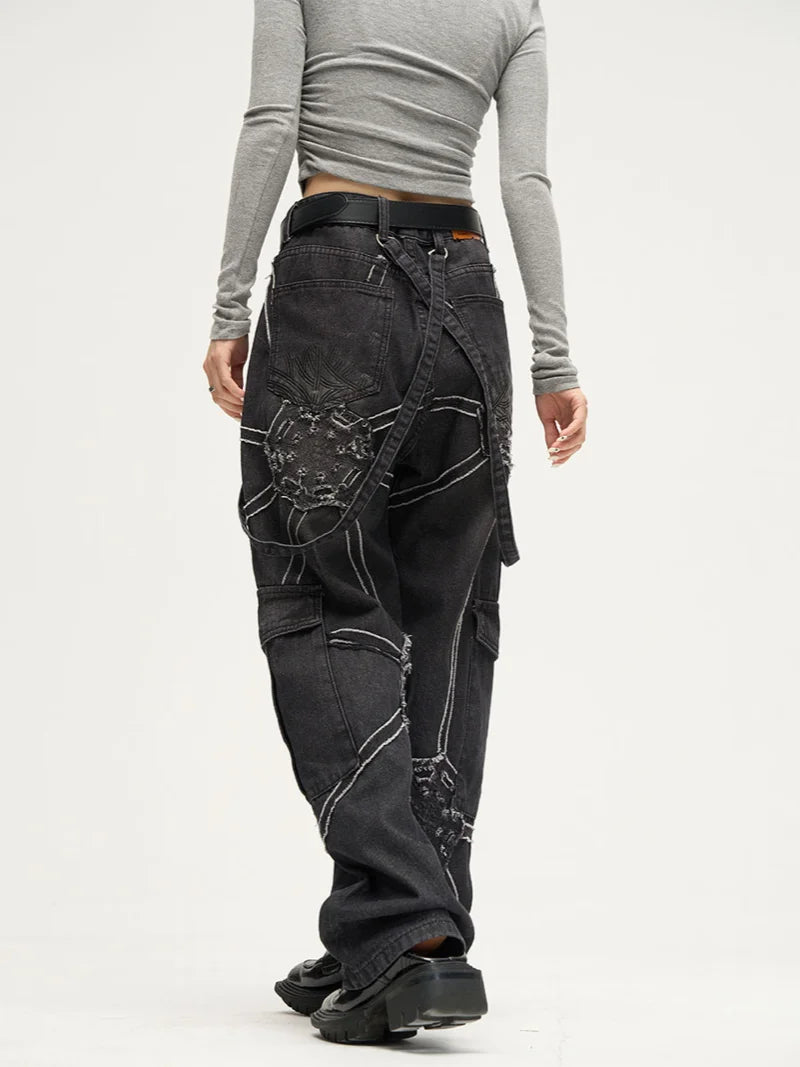 punk belt denim jeans pants women harajuku streetwear side pocket cotton men unisex casual baggy joggers straight pants trousers casual joggers