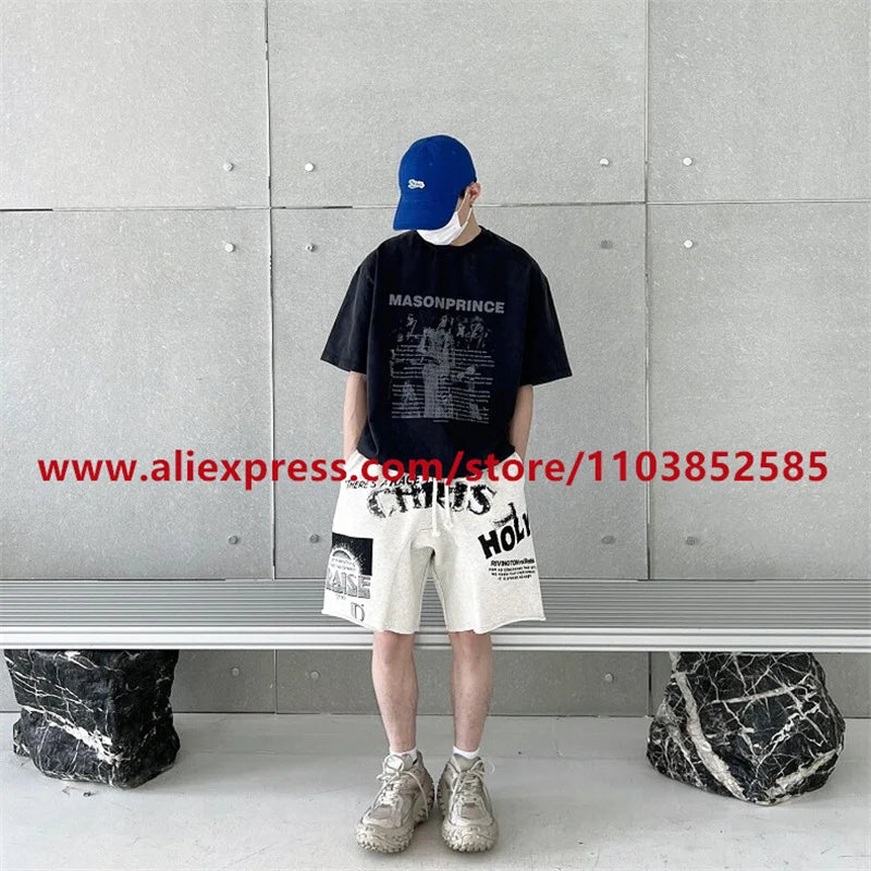2024 American Heavyweight Vintage Men's Shorts With Letter Print Drawstring Loose Casual High Street High Quality