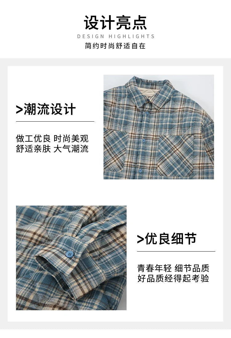 Autumn Winter Men Streetwear Fashion Loose Casual Oversize Plaid Cotton-padded Shirt Style Parkas Jacket Campus Couple Coat