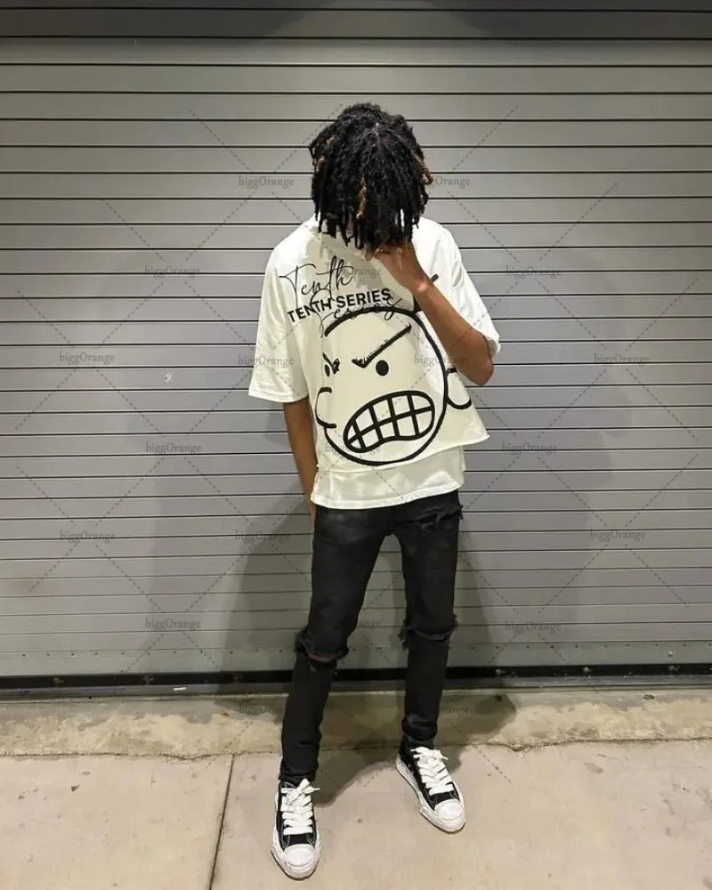 Cyberpunk Streetwear top – American Street Harajuku Retro Anime Print Oversized Short S