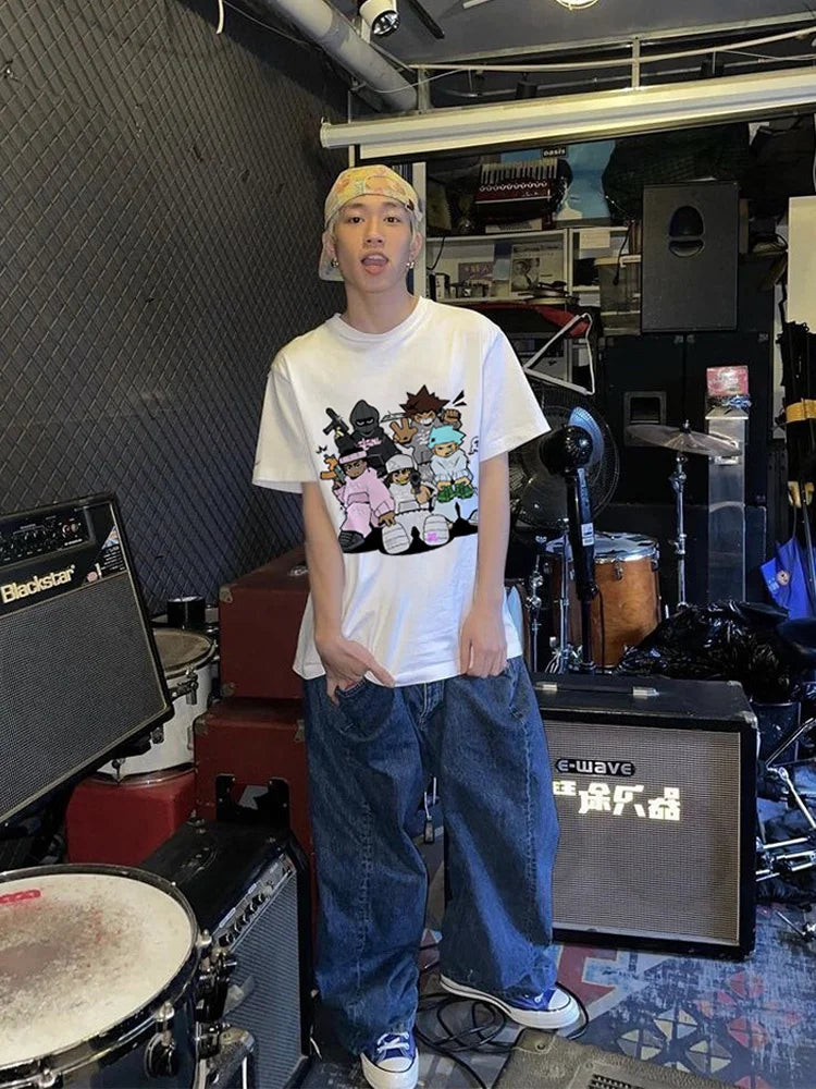 harajuku anime graphic shirt with oversized neon graffiti splash