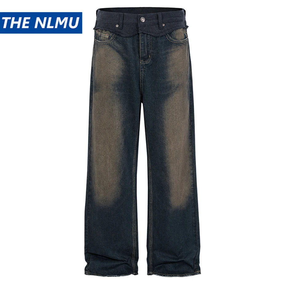 men vintage blue jeans luxury designer patchwork baggy denim pants loose straight jeans trousers denim street jeans