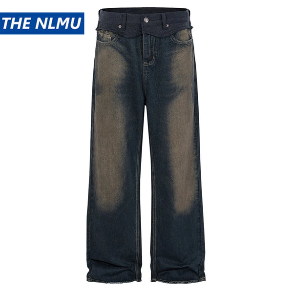 men vintage blue jeans luxury designer patchwork baggy denim pants loose straight jeans trousers denim street jeans