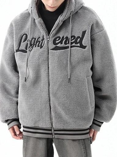 men fleece jackets and coats casual letter embroidery hairy zipper hooded outerwear warm streetwear parkas loose bomber jacke - variant style c9c448 for streetwear fashion
