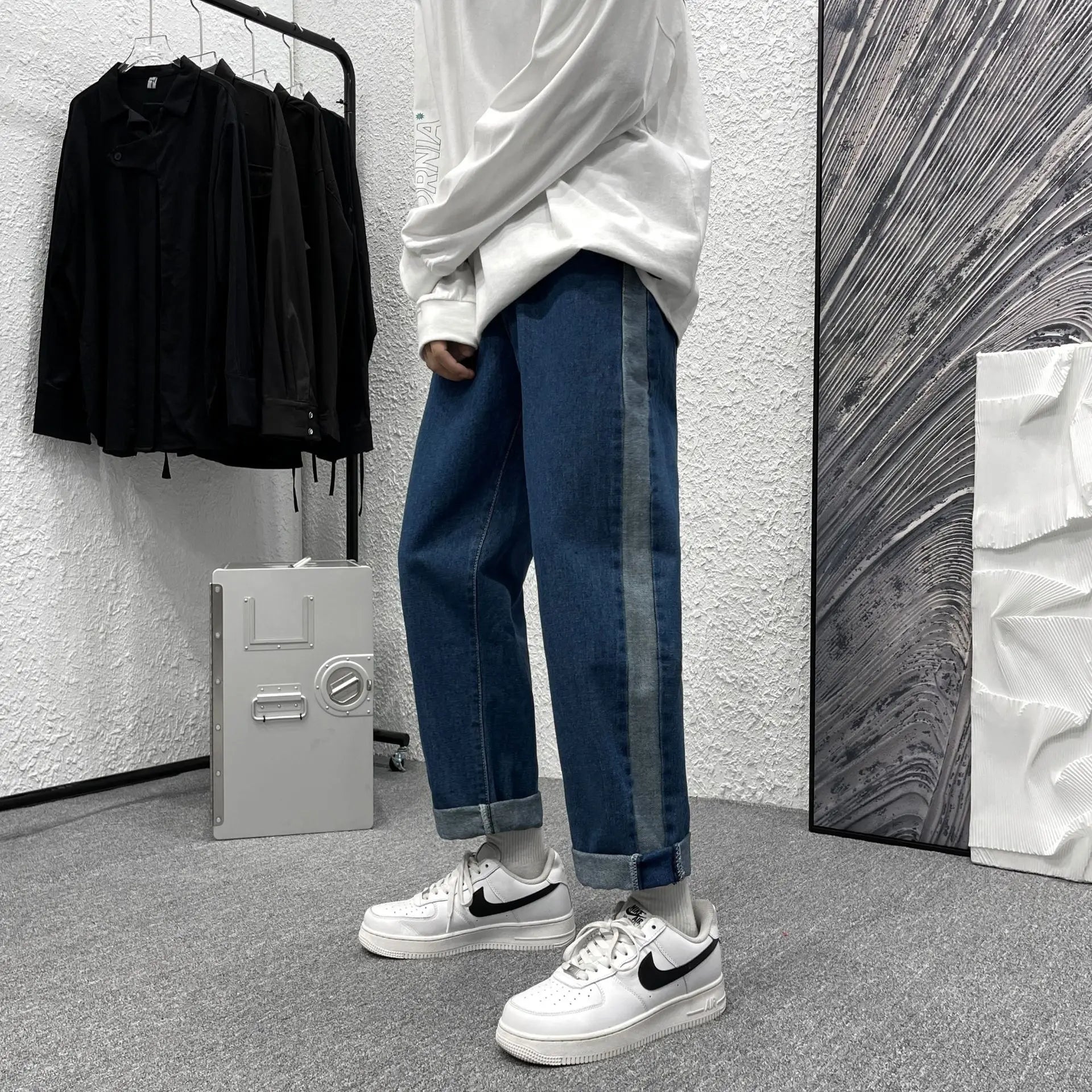 2023 summer new fashion straight jeans mens loose all match casual pants all match boutique clothing simple style vintage washed jeans
