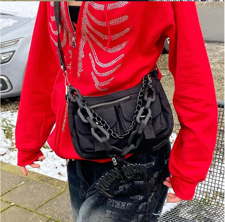 Y2K Rhinestone Skeleton Hoodies Women Gothic Black Zip Up Oversized Sw