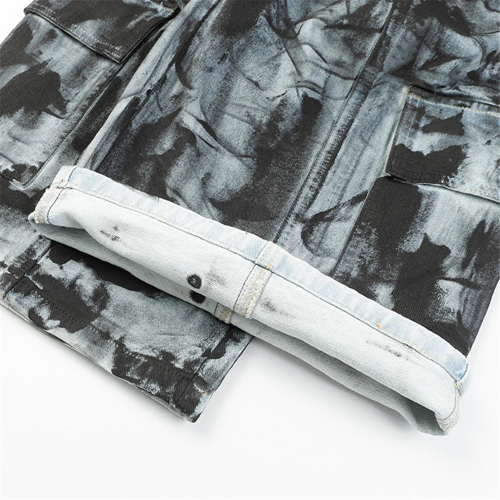 vintage dirty tie dye baggy jeans men multi pocket loose white straight jeans trousers luxury designer oversized denim pant unique jeans style 2941