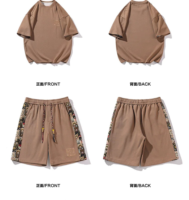 Summer New 4Colors Men Sets Casual Short-sleeved O-neck Tshirt Side Embroidery Knee-length Trousers Fashion Street Men Suits