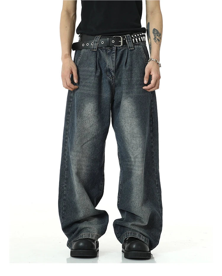 mens high street loose denim jeans unisex casual straight zipper jeans hip hop streetwear casual wide legs joggers baggy jeans unique joggers style 608