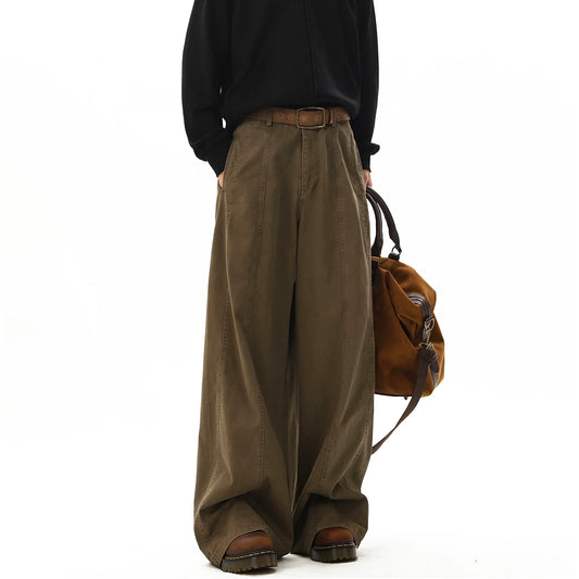 american style vintage wide leg cargo pants mens baggy fashion high street overalls coffee streetwear male mopping trousers multi-pocket cargos