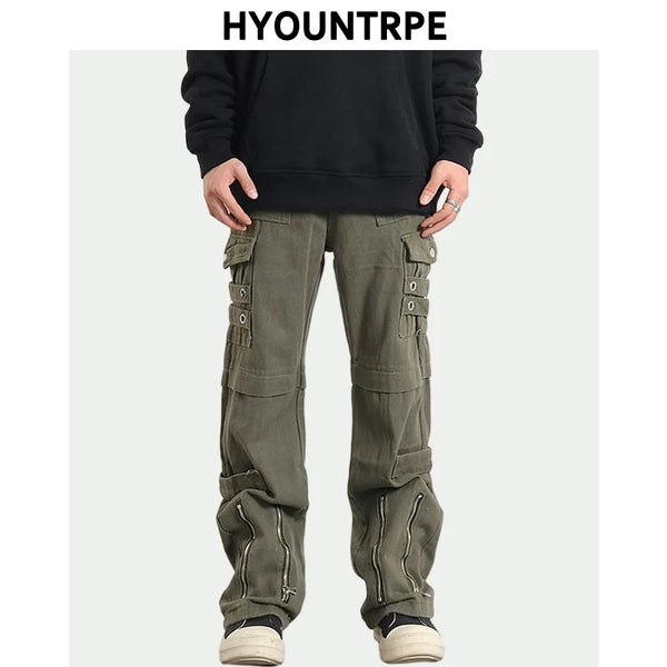hip hip pants men bottom zipper cargo pants streetwear side pockets harajuku joggers unisex baggy loose straight cotton trousers casual joggers