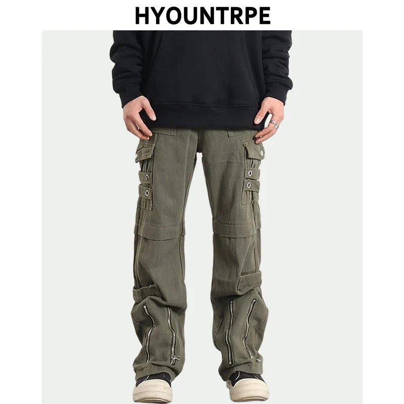 hip hip pants men bottom zipper cargo pants streetwear side pockets harajuku joggers unisex baggy loose straight cotton trousers casual joggers