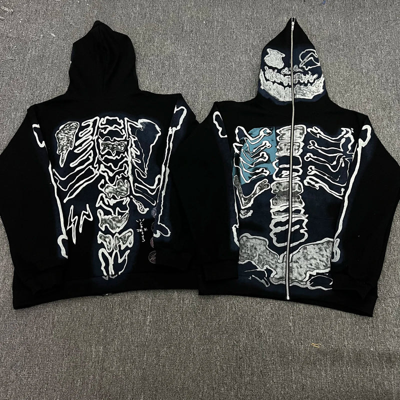 cyberpunk chrome print featuring cactus jack fashion skull skeleton hoodie zip up plush hoodie cardigan kanye oversized zipper hoodies y2k men black clothes