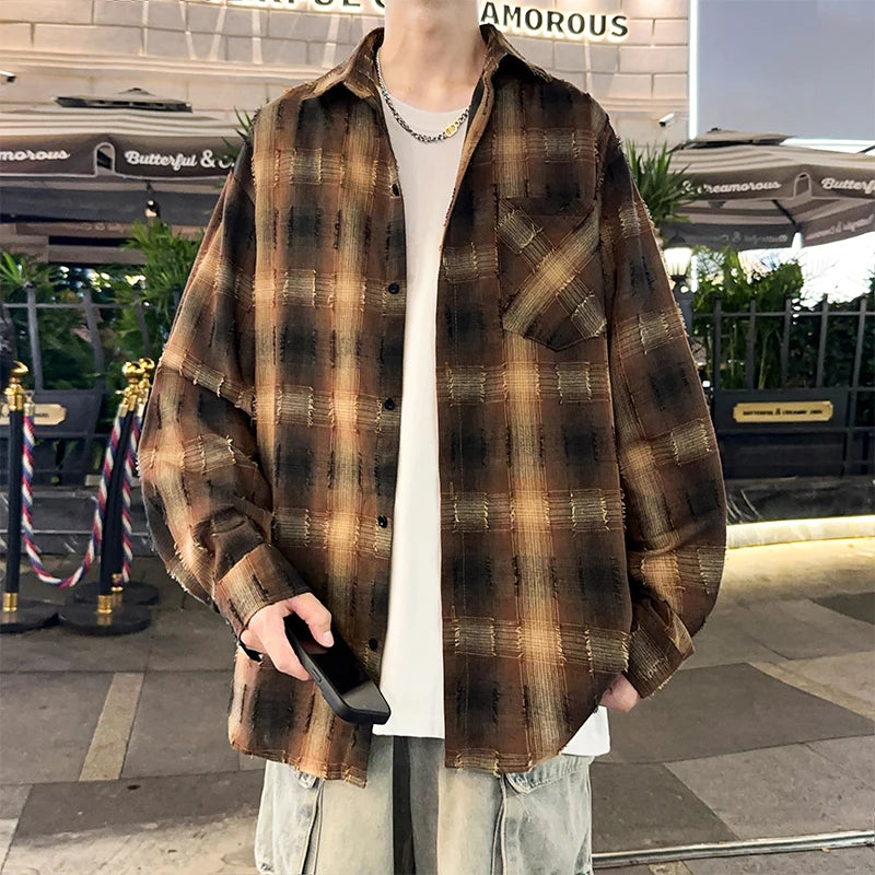 Autumn Long Sleeved Men Oversized Retro Casual Men Japanese Streetwear Loose Plaid Shirt