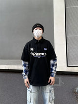 street japanese mens set embroidered fake two piece patchwork tops hip hop washed jeans 2 piece harajuku suits y2k streetwear unique jeans style 4763