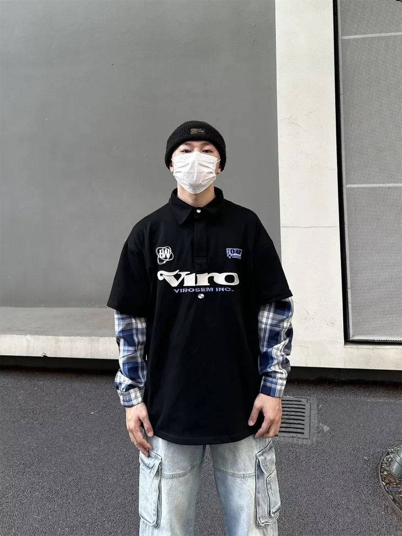 street japanese mens set embroidered fake two piece patchwork tops hip hop washed jeans 2 piece harajuku suits y2k streetwear unique jeans style 4763
