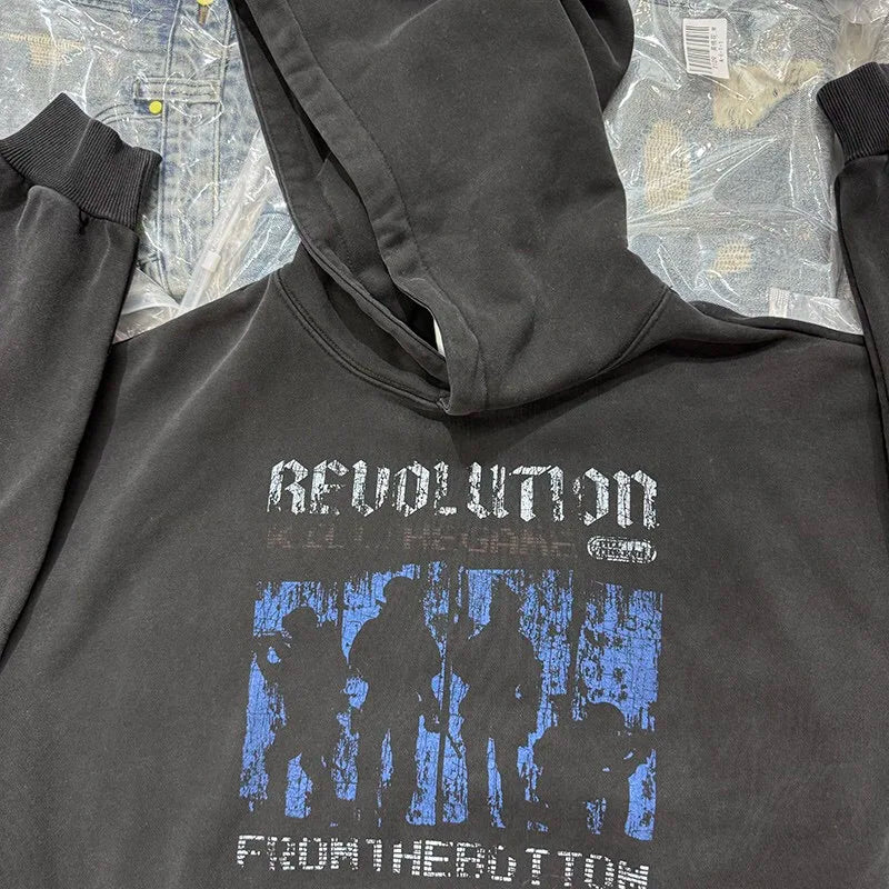 Distressed gothic hoodie with dark horror themes