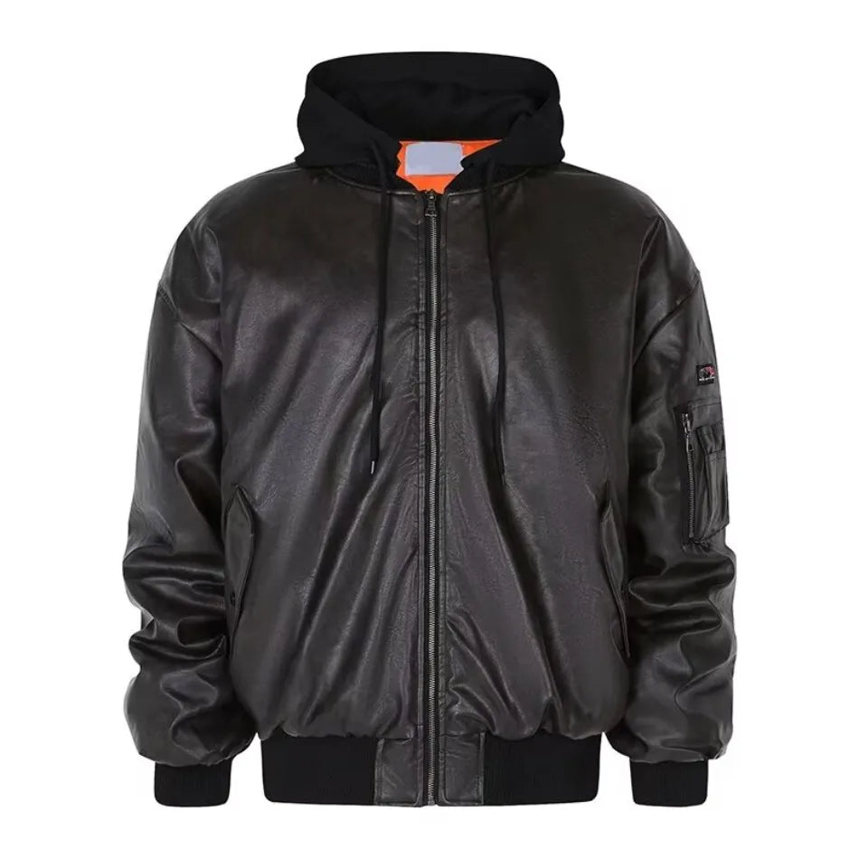 Winter American Fake Two Pieces Parkas Mens Heavy Weight Thicken Hip Hop PU Leather Cotton Jacket Trend Loose Motorcycle Coats