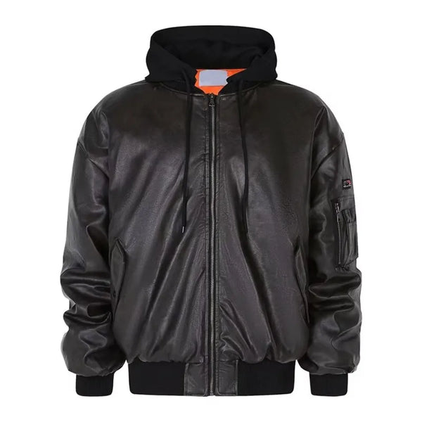 Winter American Fake Two Pieces Parkas Mens Heavy Weight Thicken Hip Hop PU Leather Cotton Jacket Trend Loose Motorcycle Coats