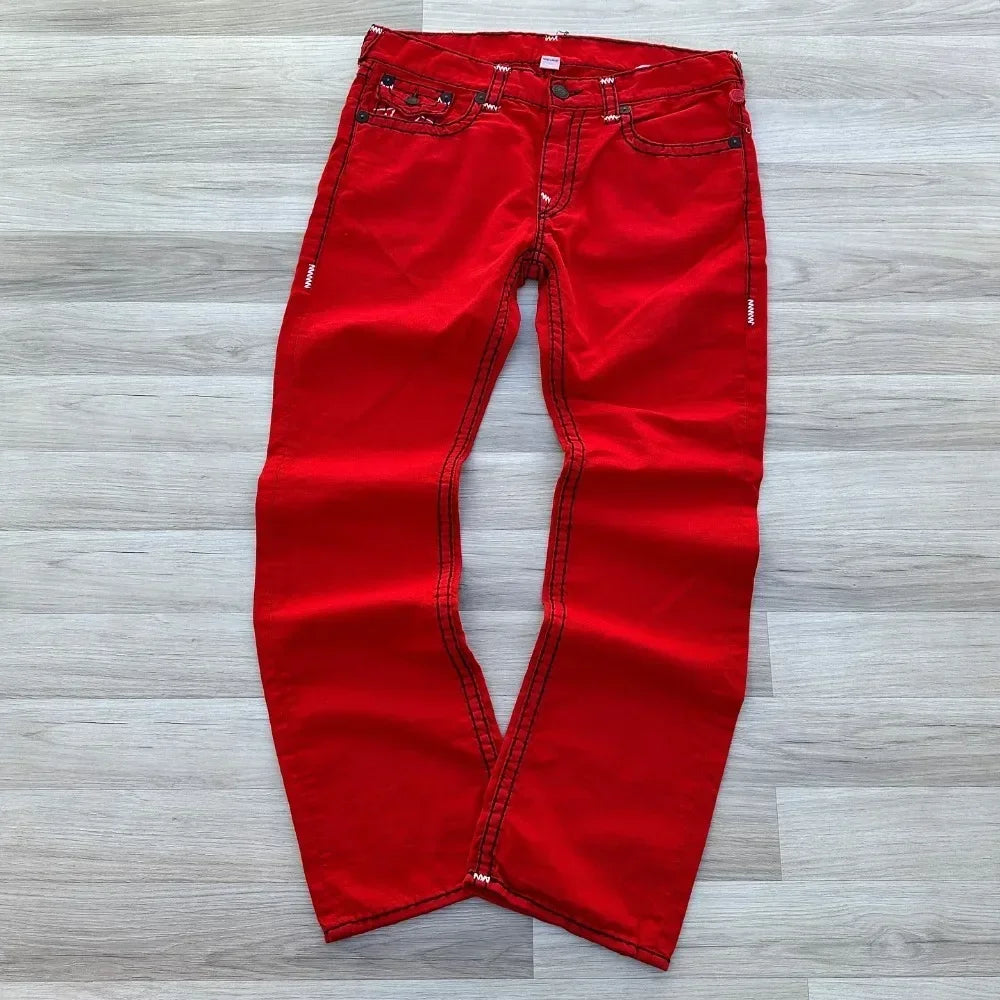 hip hop vintage red true faith embroidered jeans street gothic loose casual denim trousers couples baggy pants y2k clothes unique jeans style 4180