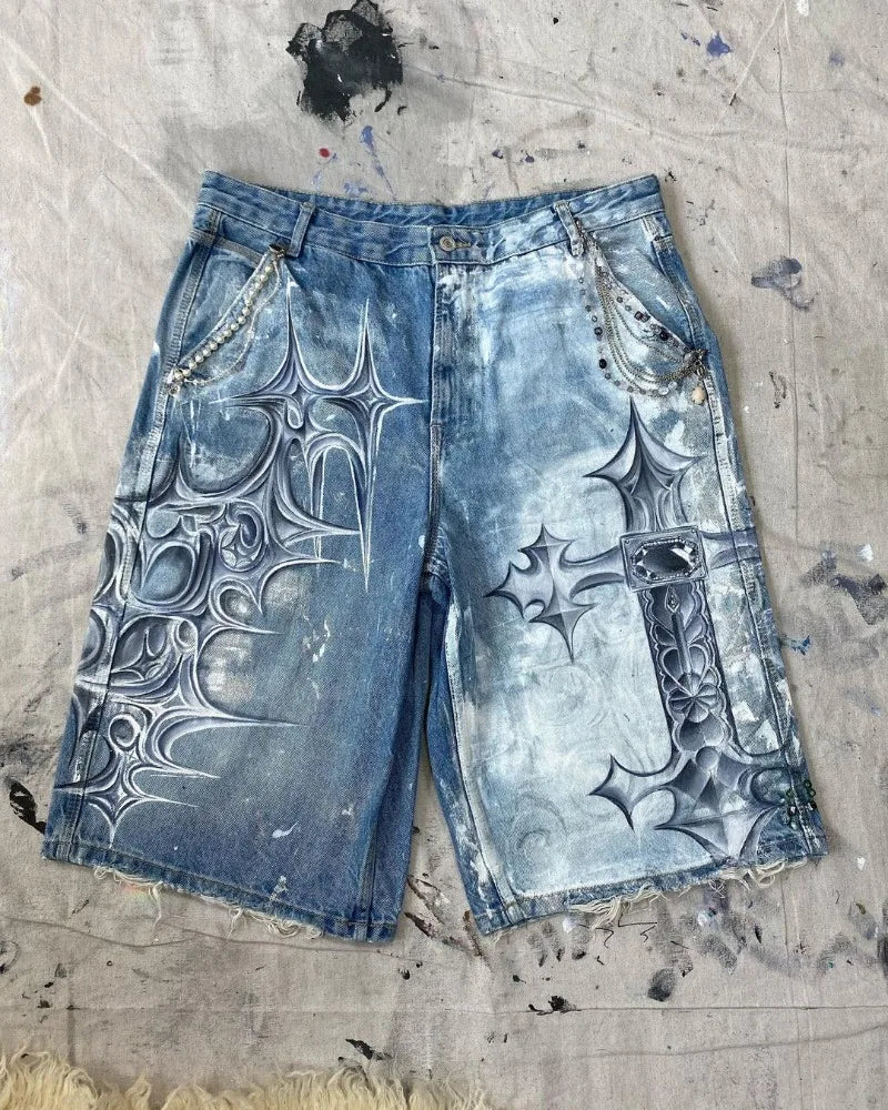 y2k american street retro graffiti anime print oversized denim shorts men shorts high waist fashion loose casual wide leg pants unique jeans style 3490