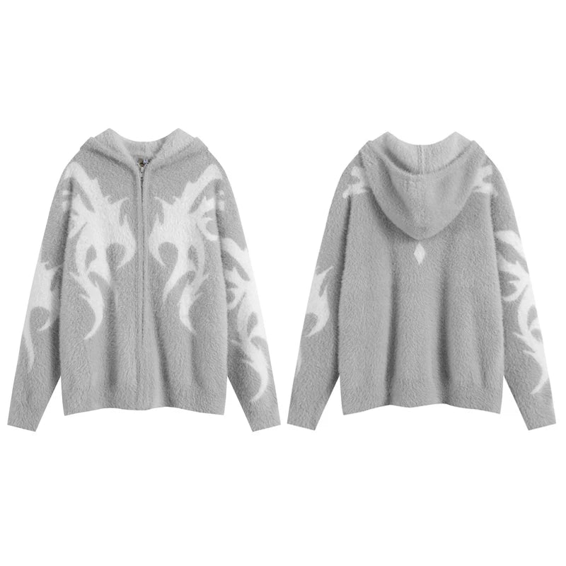 mens hooded cardigan sweater fashion harajuku pattern streetwear hip hop zipper warm knitted sweaters hood coats unisex jumpers - Y2K grunge street style, unisex casual winter pullover, vintage look oversized hoodie