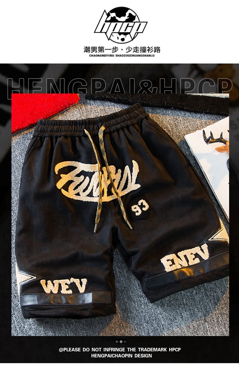 suede shorts men 2024 summer mens high street letter print loose five point pants straight simple fashion american basketball s relaxed fit shorts