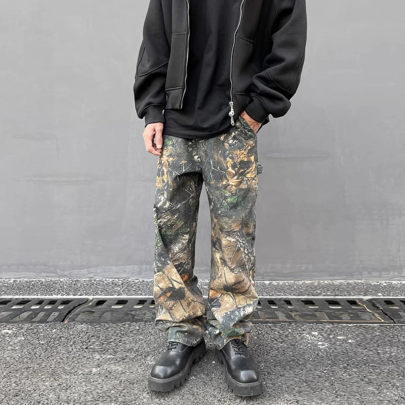 european and american tree grain camouflage jeans mens slim fitting splashing ink trendy hip hop tapered denim pants camou jeans ripped baggy denim