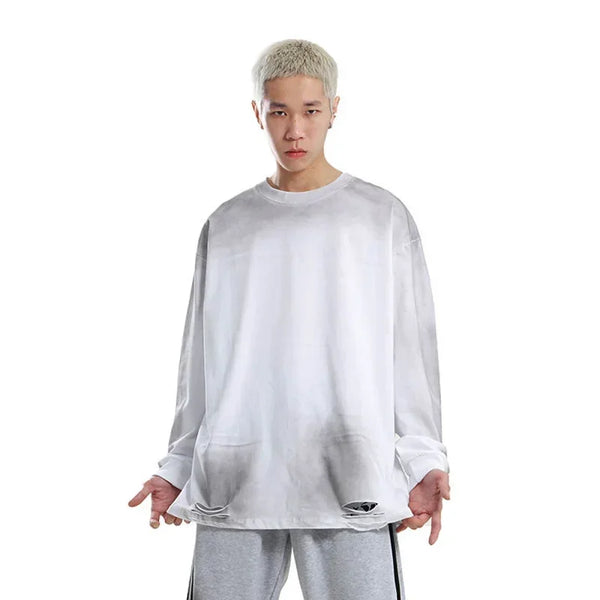 Vaporwave Barcode glitch – Mens Streetwear Hole Washed Cotton Long Sleeve Loose Casual