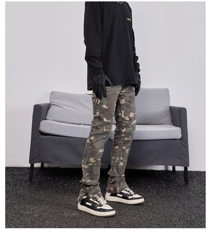 mens hip hop streetwear denim pants fashion camouflage pants 2023 harajuku cotton zipper joggers slim fit jeans trousers pants unique joggers style 2726